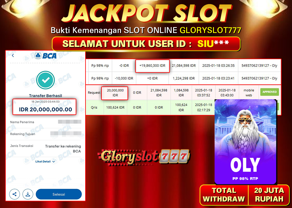 GLORYSLOT777 JACKPOT SLOT PP 98% RTP OLY Rp 20.000.000,- LUNAS