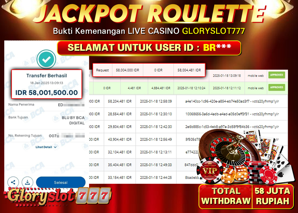 GLORYSLOT777 JACKPOT LIVECASINO ROULETTE Rp 58.000.000,- LUNAS