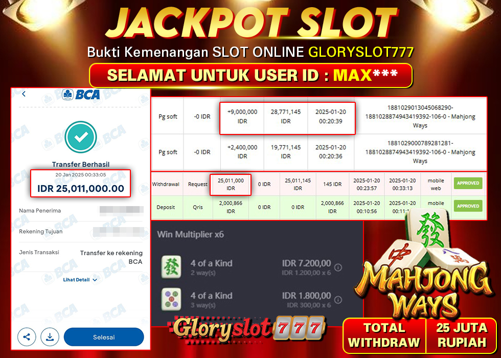 GLORYSLOT777 JACKPOT SLOT MAHJONG WAYS Rp 25.011.000,- LUNAS