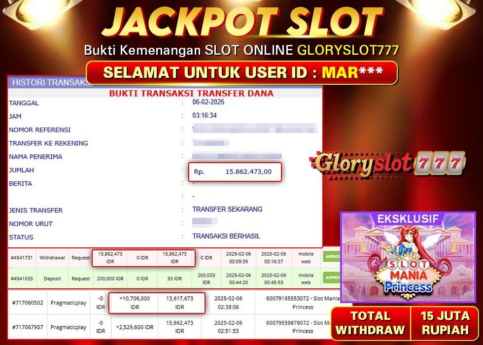 GLORYSLOT777 JACKPOT SLOT MANIA PRINCESS Rp 15.862.473,- LUNAS