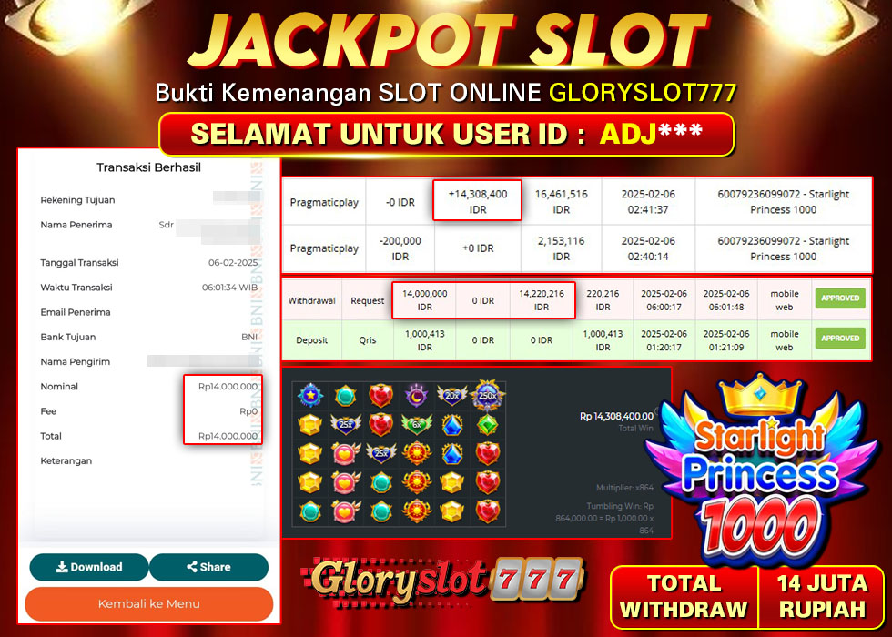 GLORYSLOT777 JACKPOT SLOT STARLIGHT PRINCESS 1000 Rp 14.000.000,- LUNAS