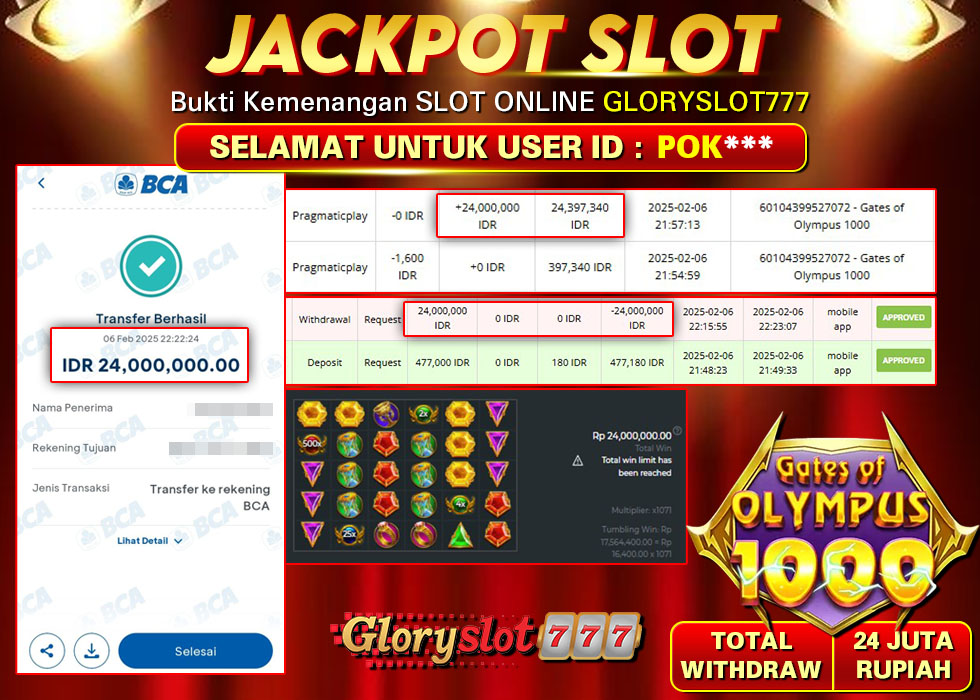 GLORYSLOT777 JACKPOT SLOT GATES OF OLYMPUS 1000 Rp 24.000.000,- LUNAS