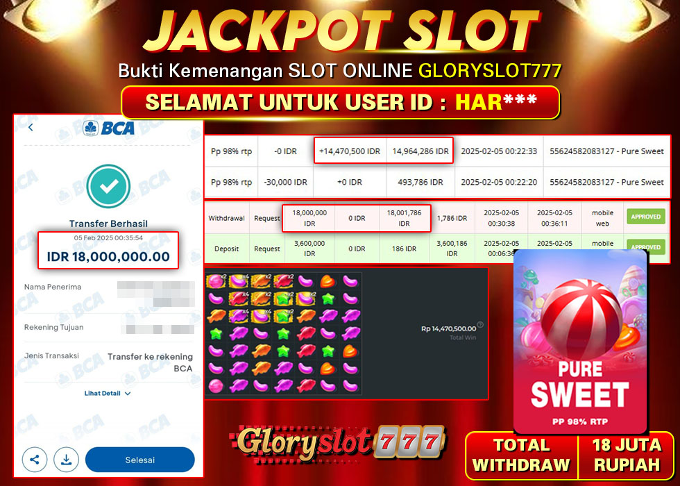 GLORYSLOT777 JACKPOT SLOT PURE SWEET Rp 18.000.000,- LUNAS