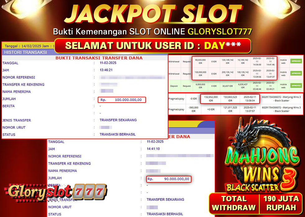 GLORYSLOT777 JACKPOT SLOT MAHJONG WINS 3 BLACK SCATTER Rp 190.000.000,- LUNAS