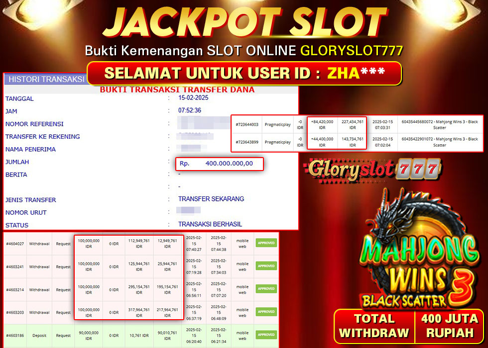 GLORYSLOT777 JACKPOT SLOT MAHJONG WINS 3 BLACK SCATTER Rp 400.000.000,- LUNAS