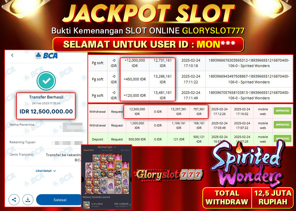 GLORYSLOT777 JACKPOT SLOT SPIRITED WONDERS Rp 12.500.000,- LUNAS