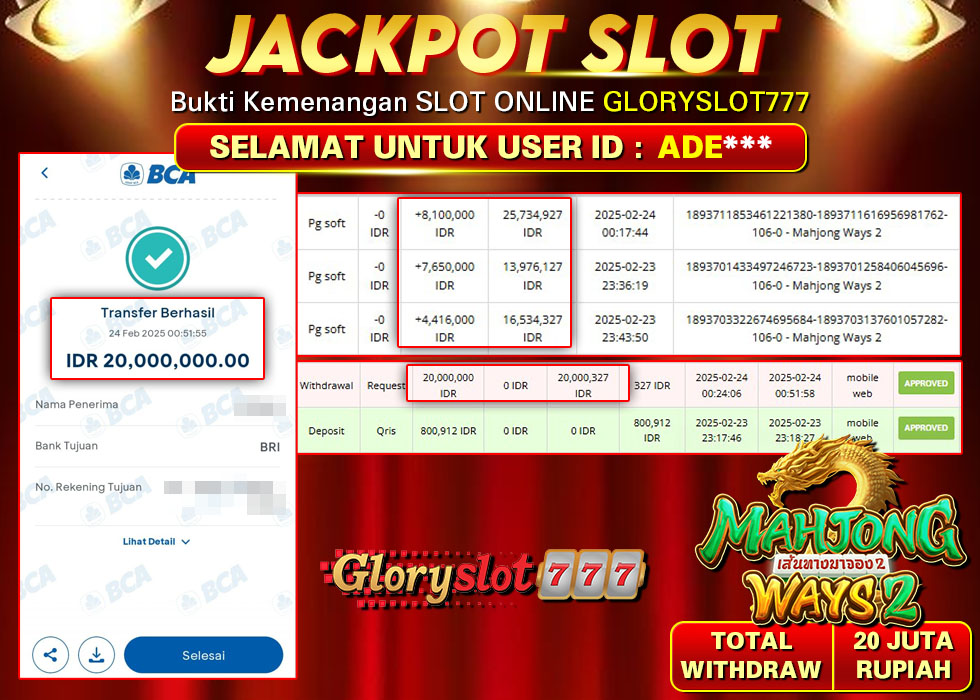 GLORYSLOT777 JACKPOT SLOT MAHJONG WAYS 2 Rp 20.000.000,- LUNAS
