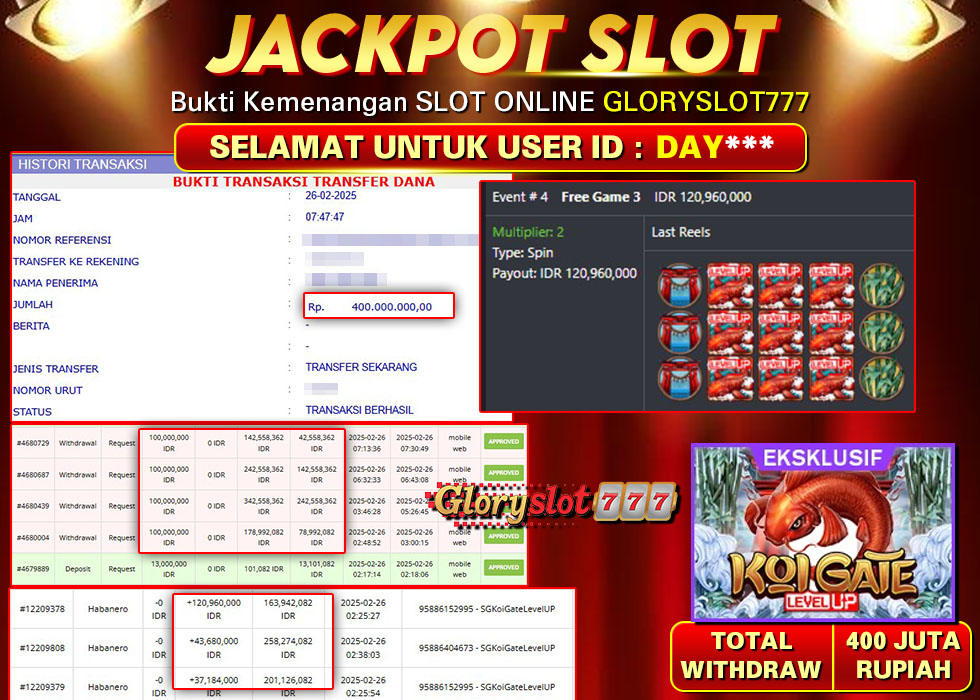 GLORYSLOT777 JACKPOT SLOT KOI GATE LEVEL UP Rp 400.000.000,- LUNAS