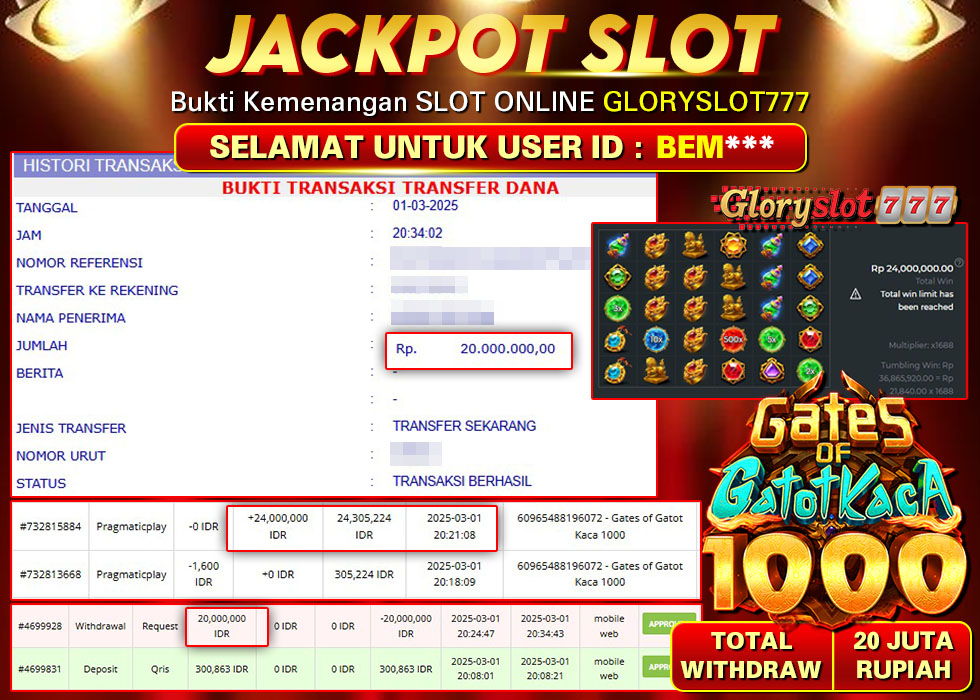 GLORYSLOT777 JACKPOT SLOT GATES OF GATOT KACA 1000 Rp 20.000.000,- LUNAS
