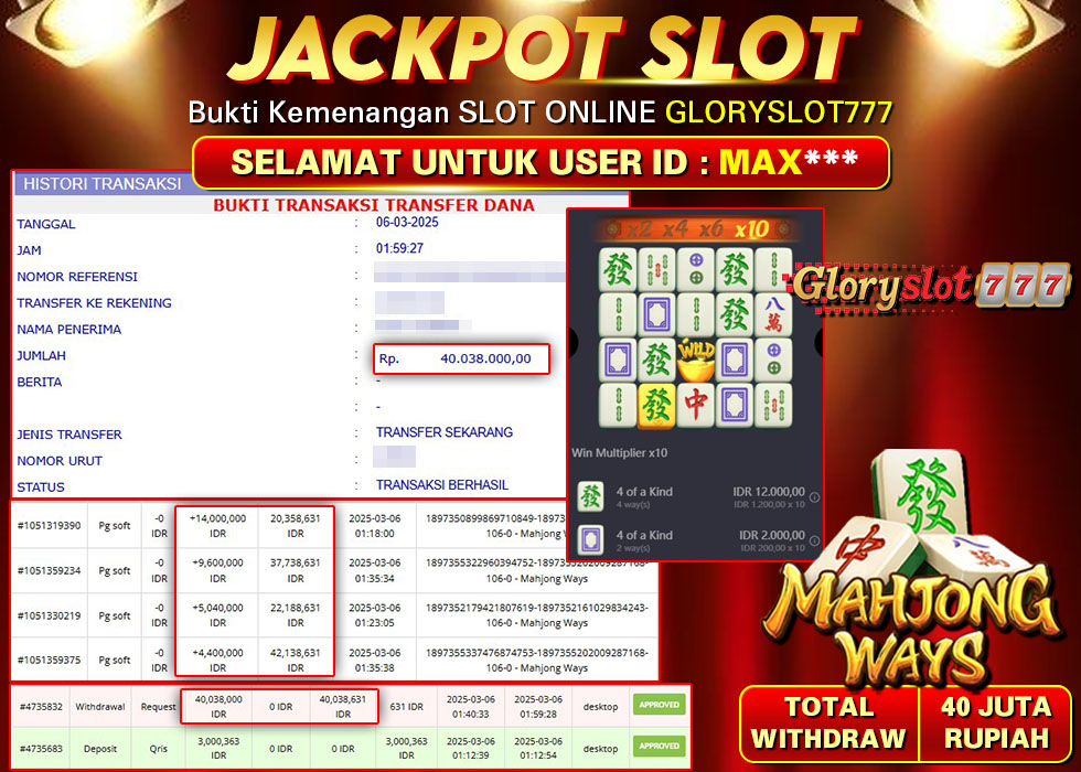 GLORYSLOT777 JACKPOT SLOT MAHJONG WAYS Rp 40.038.000,- LUNAS