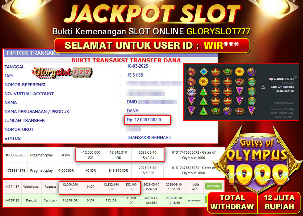GLORYSLOT777 JACKPOT SLOT GATES OF OLYMPUS 1000 Rp 12.000.000,- LUNAS