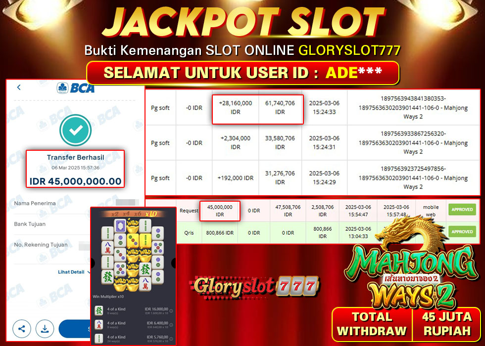 GLORYSLOT777 JACKPOT SLOT MAHJONG WAYS 2 Rp 45.000.000,- LUNAS