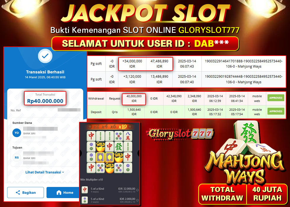 GLORYSLOT777 JACKPOT SLOT MAHJONG WAYS Rp 40.000.000,- LUNAS
