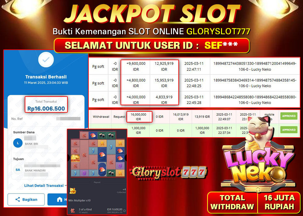 GLORYSLOT777 JACKPOT SLOT LUCKY NEKO Rp 16.000.000,- LUNAS