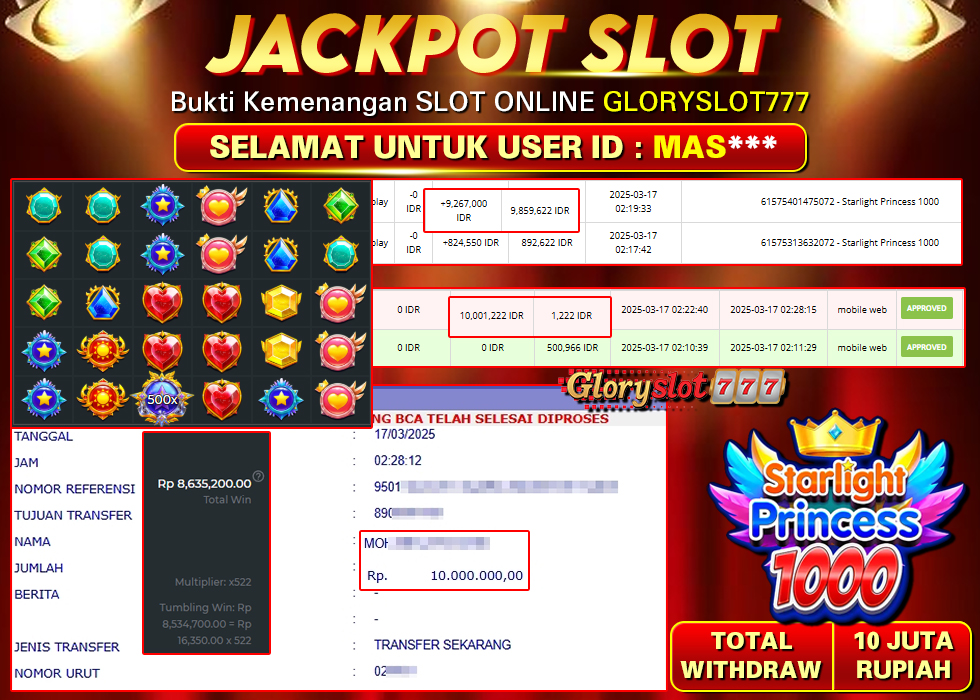 GLORYSLOT777 JACKPOT SLOT STARLIGHT PRINCESS 1000 Rp 10.000.000,- LUNAS