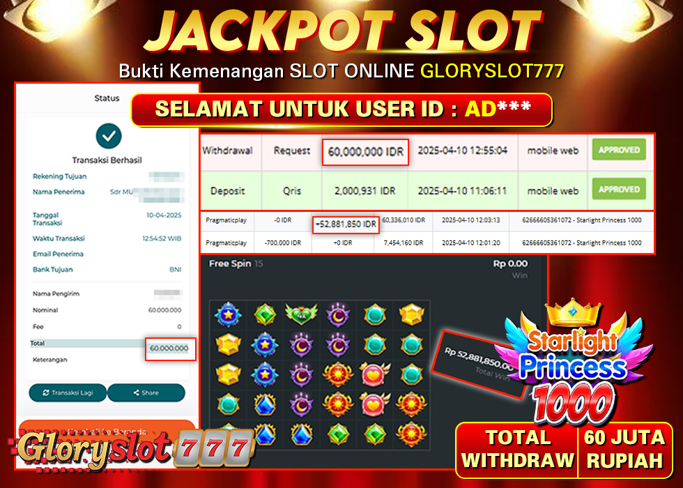 GLORYSLOT777 JACKPOT STARLIGHT PRINCESS 1000 Rp 60.000.000,-  LUNAS