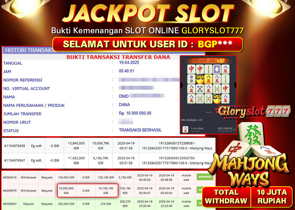GLORYSLOT777 JACKPOT MAHJONG WAYS Rp 10.000.000,-  LUNAS