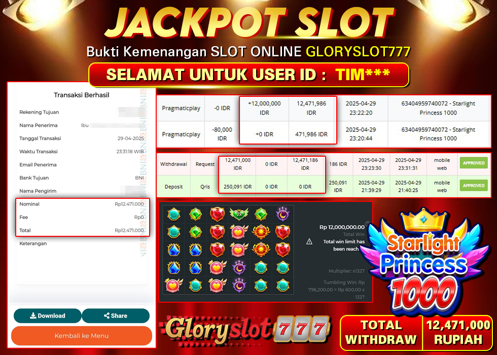 GLORYSLOT777 JACKPOT SLOT STARLIGHT PRINCESS 1000 Rp 12.471.000,- LUNAS
