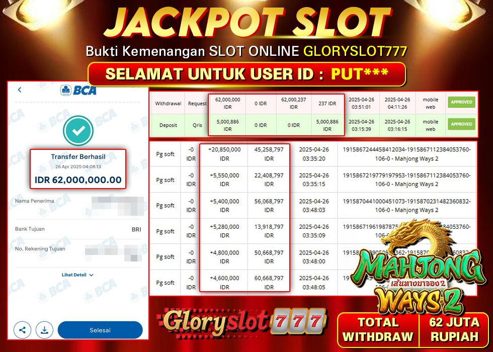 GLORYSLOT777 JACKPOT SLOT MAHJONG WAYS 2 Rp 62.000.000,- LUNAS