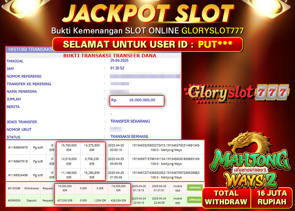 GLORYSLOT777 JACKPOT SLOT MAHJONG WAYS Rp 16.000.000,- LUNAS
