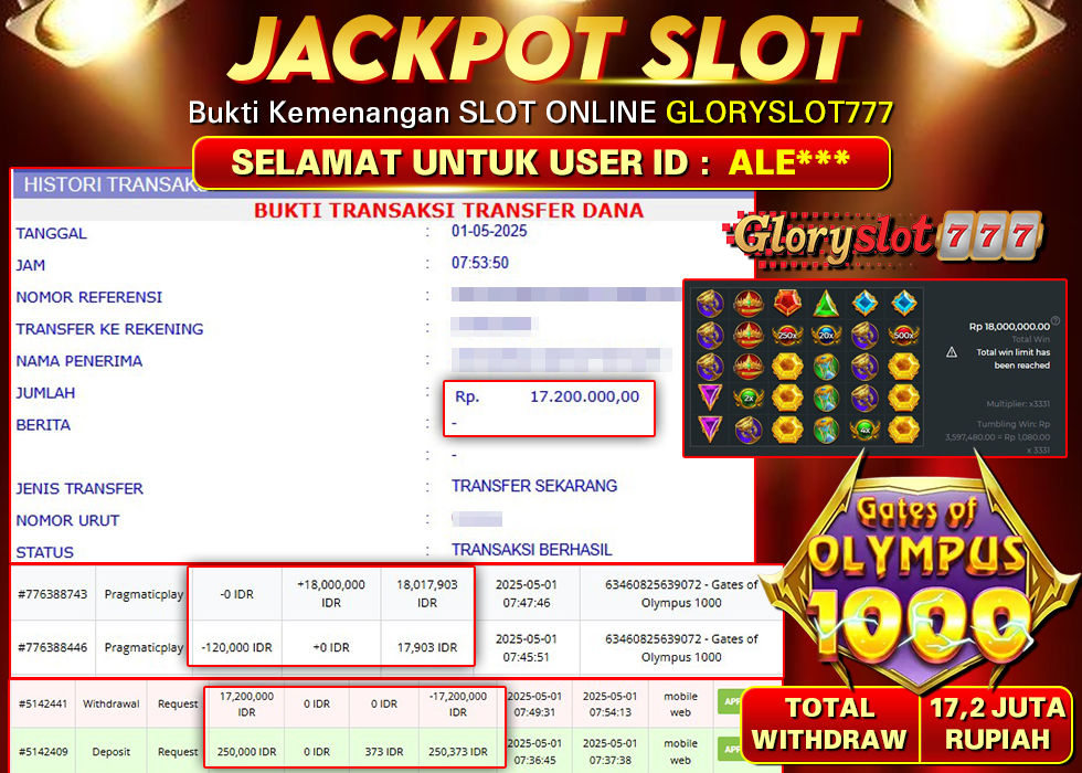 GLORYSLOT777 JACKPOT SLOT GATES OF OLYMPUS 1000 Rp 17.200.000,- LUNAS