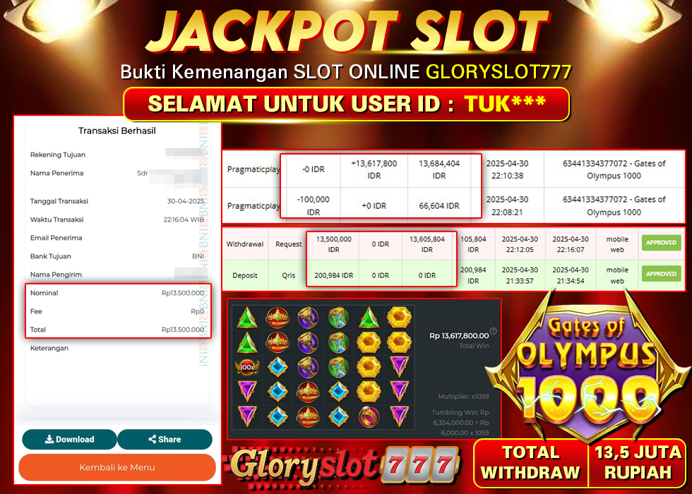 GLORYSLOT777 JACKPOT SLOT GATES OF OLYMPUS 1000 Rp 13.500.000,- LUNAS