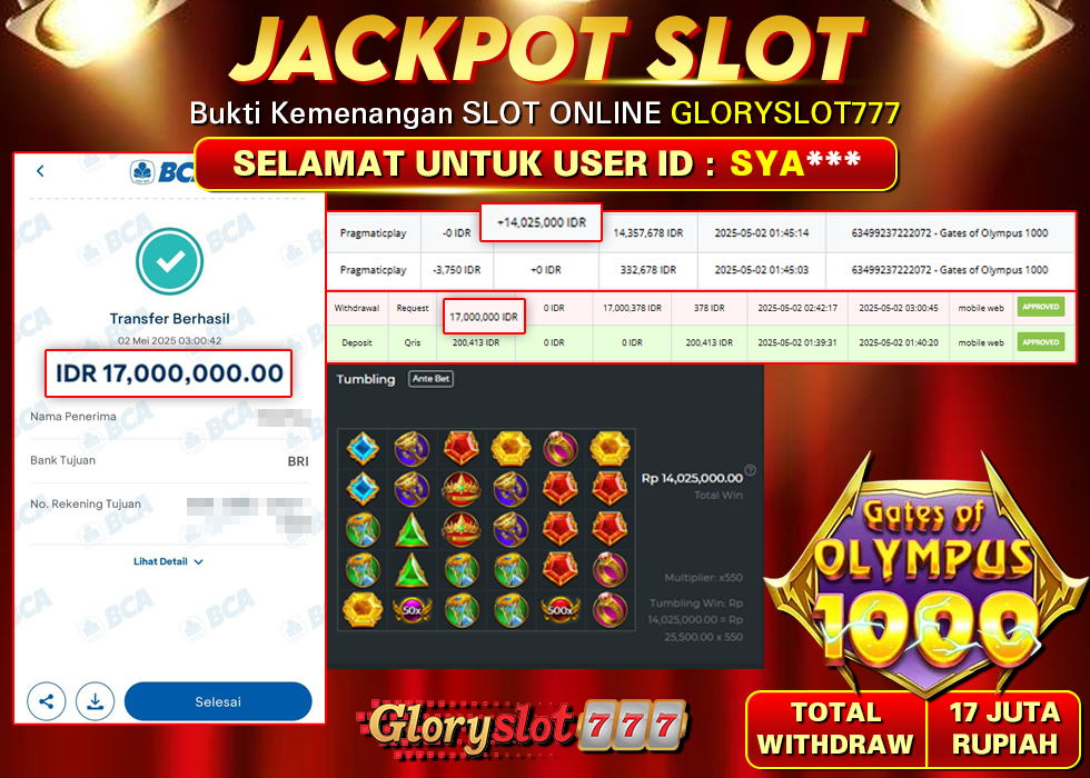 GLORYSLOT777 JACKPOT SLOT GATES OF OLYMPUS x1000 Rp 17.000.000,- LUNAS