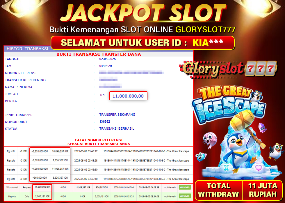 GLORYSLOT777 JACKPOT SLOT JACKPOT SLOT GREAT ICESCAPE Rp 11.000.000,-  LUNAS