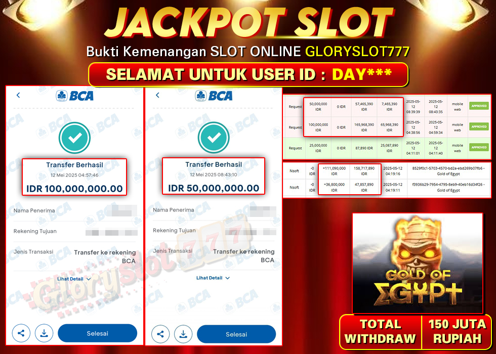GLORYSLOT777 JACKPOT SLOT GOLD OF EGYPT Rp 150.000.000,- LUNAS