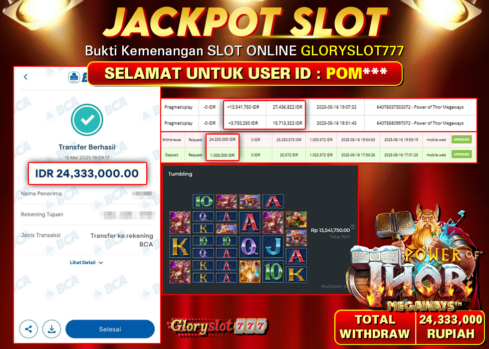 GLORYSLOT777 JACKPOT SLOT POWER OF THOR MEGAWAYS Rp 24.333.000,-  LUNAS