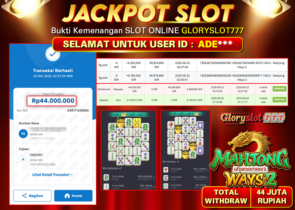 GLORYSLOT777 JACKPOT SLOT MAHJONG WAYS 2 Rp 44.000.000,-  LUNAS