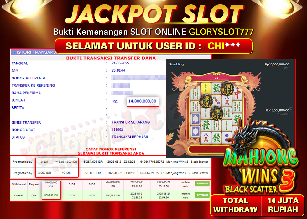 GLORYSLOT777 JACKPOT SLOT MAHJONG WINS 3 BLACK SCATTER Rp 14.000.000,-  LUNAS