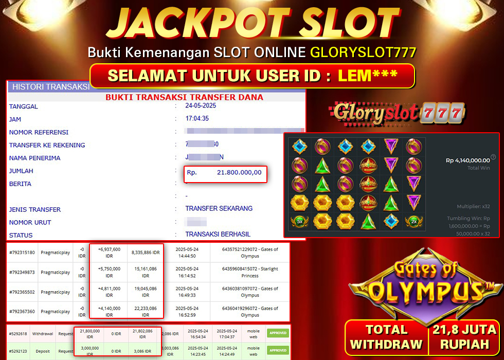 GLORYSLOT777 JACKPOT SLOT GATES OF OLYMPUS Rp 21.800.000,-  LUNAS