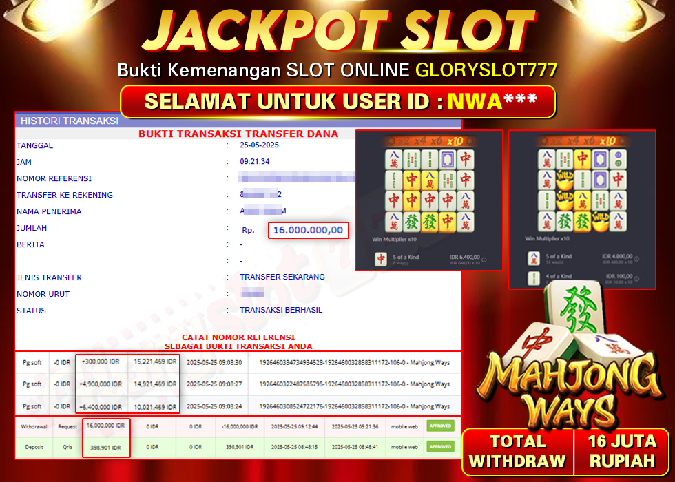 GLORYSLOT777 JACKPOT SLOT MAHJONG WAYS Rp 16.000.000,-  LUNAS