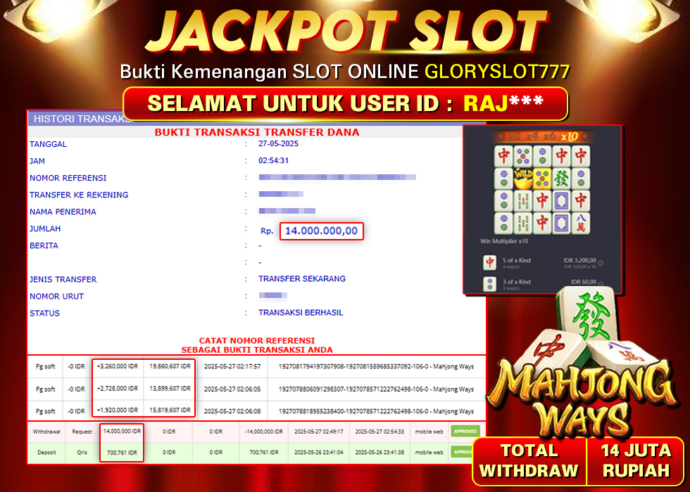 GLORYSLOT777 JACKPOT SLOT MAHJONG WAYS Rp 14.000.000,-  LUNAS