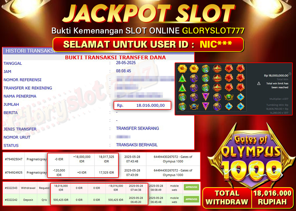 GLORYSLOT777 JACKPOT SLOT GATES OF OLYMPUS 1000 Rp 18.016.000,-  LUNAS