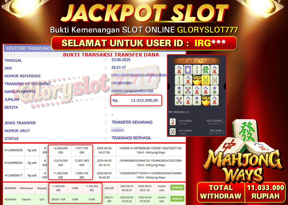 GLORYSLOT777 JACKPOT SLOT MAHJONG WAYS Rp 11.033.000,-  LUNAS