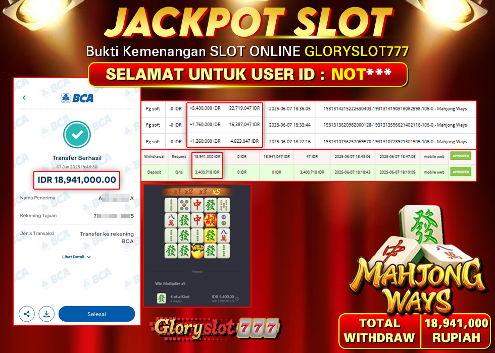 GLORYSLOT777 JACKPOT SLOT MAHJONG WAYS Rp 18.941.000,-  LUNAS