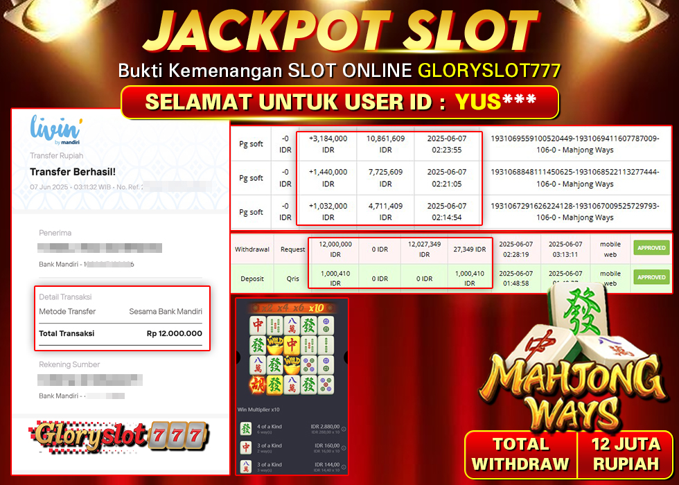 GLORYSLOT777 JACKPOT SLOT MAHJONG WAYS Rp 12.000.000,-  LUNAS