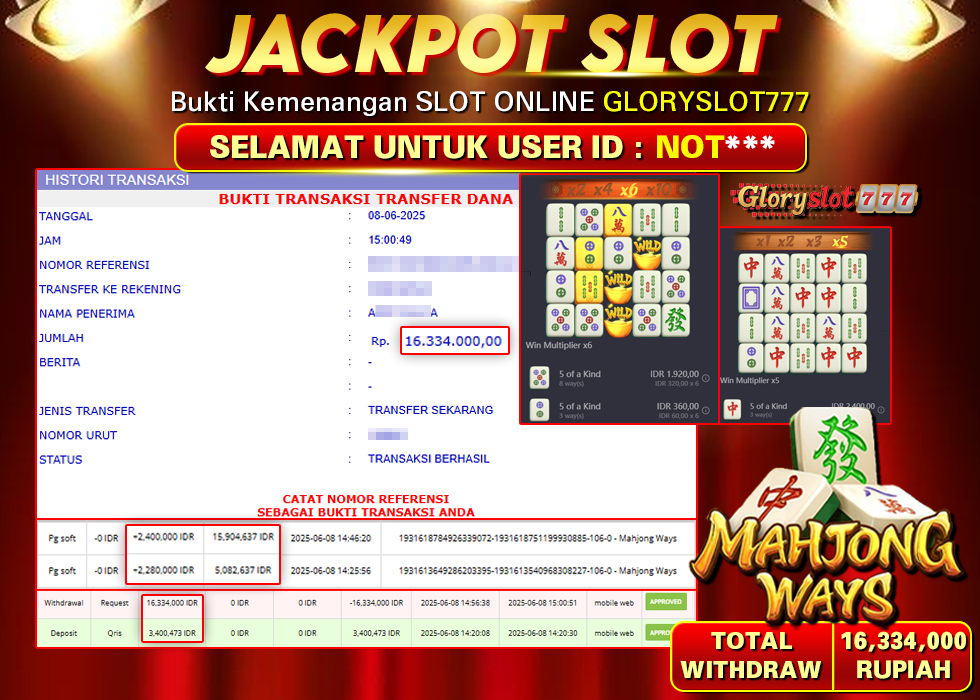 GLORYSLOT777 JACKPOT SLOT MAHJONG WAYS Rp 16.334.000,- LUNAS