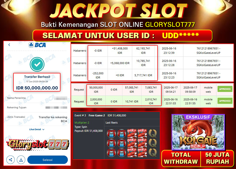 GLORYSLOT777 JACKPOT SLOT KOI GATE LEVEL UP Rp 50.000.000,-  LUNAS