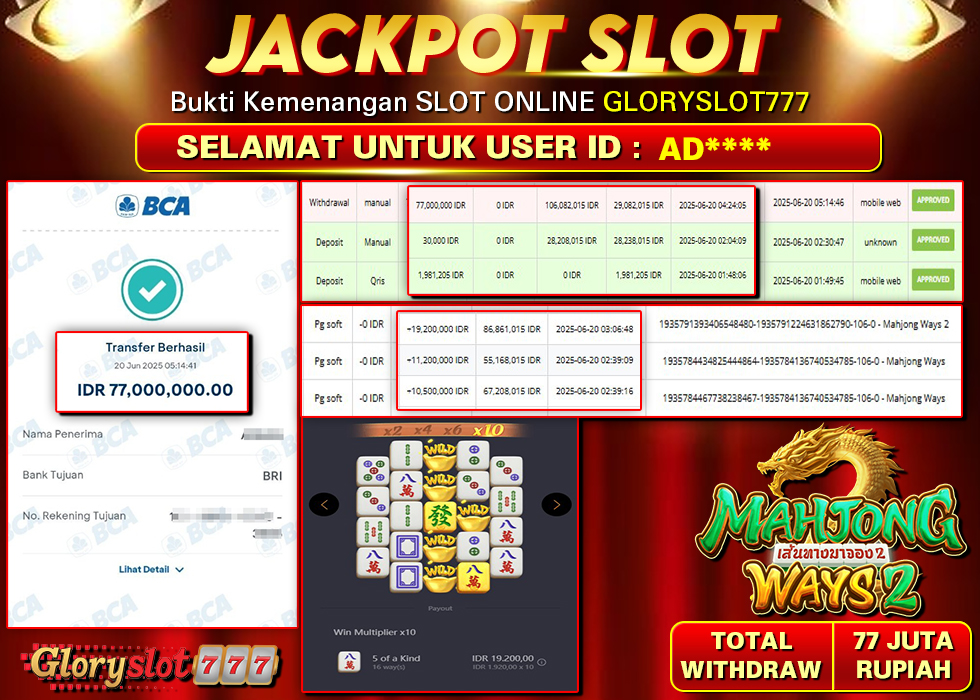 GLORYSLOT777 JACKPOT SLOT MAHJONG WAYS 2 Rp 77.000.000,- LUNAS