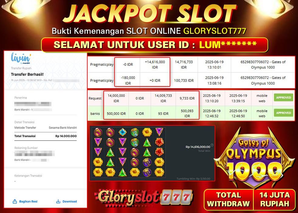 GLORYSLOT777 JACKPOT SLOT GATES OF OLYMPUS 1000 Rp 14.000.000,-  LUNAS