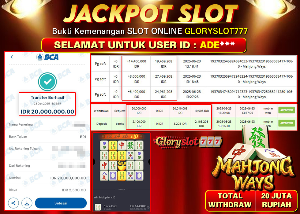GLORYSLOT777 JACKPOT SLOT MAHJONG WAYS Rp 20.000.000,- LUNAS
