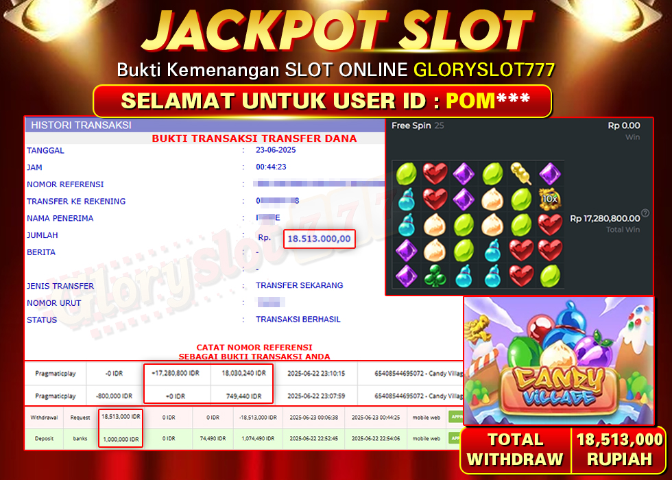 GLORYSLOT777 JACKPOT SLOT CANDY VILLAGE Rp 18.513.000,- LUNAS