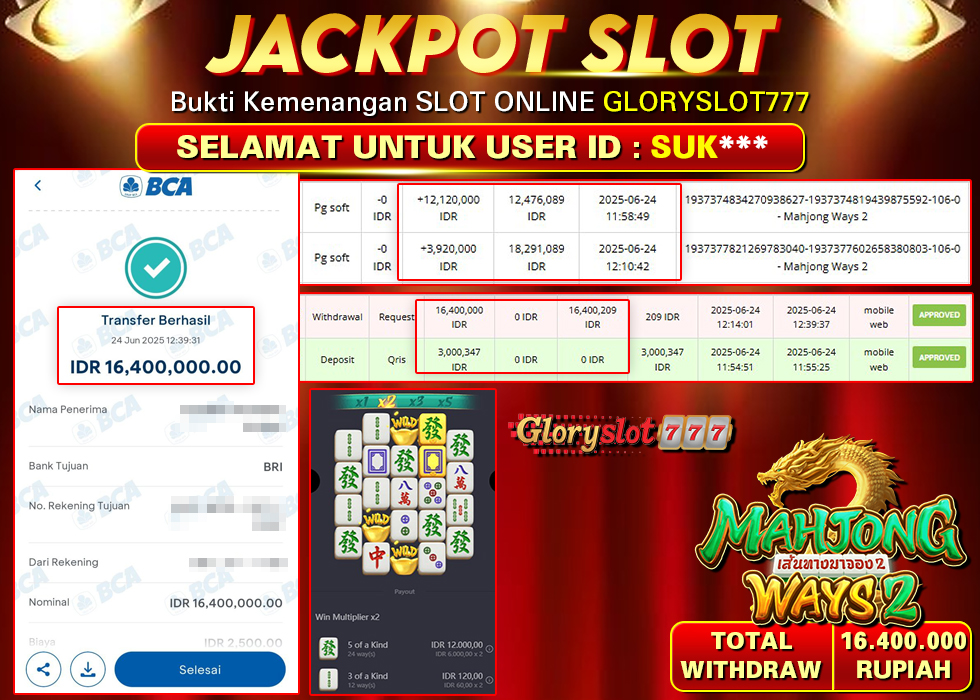 GLORYSLOT777 JACKPOT SLOT MAHJONG WAYS 2 Rp 16.400.000,- LUNAS