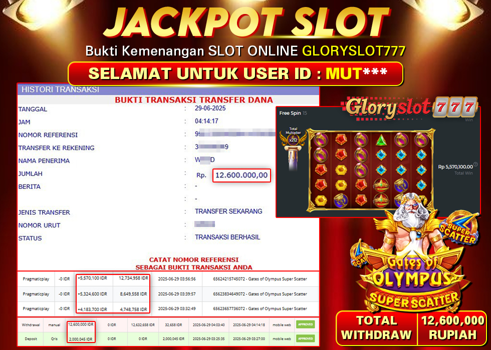 GLORYSLOT777 JACKPOT SLOT GATES OF OLYMPUS SUPER SCATTER Rp 12.600.000,- LUNAS