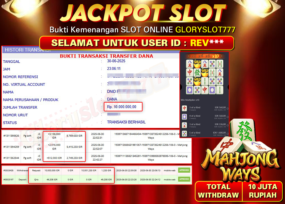GLORYSLOT777 JACKPOT SLOT MAHJONG WAYS Rp 10.000.000,- LUNAS