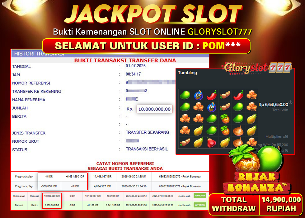 GLORYSLOT777 JACKPOT SLOT RUJAK BONANZA Rp 10.000.000,- LUNAS