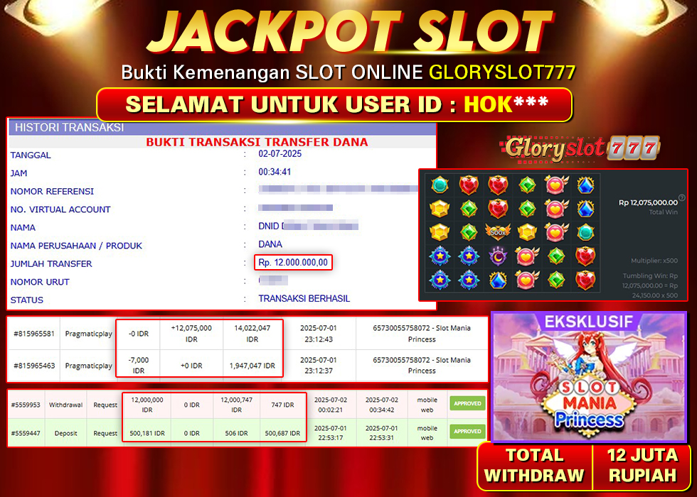 GLORYSLOT777 JACKPOT SLOT MANIA PRINCESS Rp 12.000.000,- LUNAS